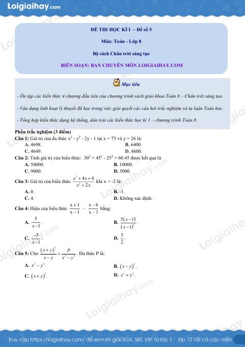 Đề thi học kì 1 Toán 8 - Đề số 5 - Chân trời sáng tạo